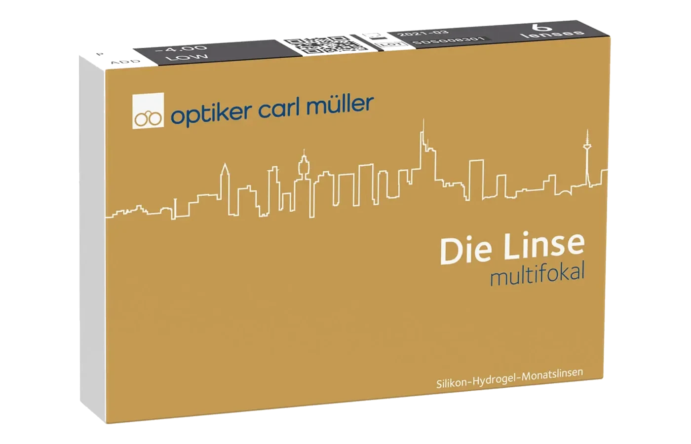 Verpackung der Monatslinse „Die Linse multifokal“ von Optiker Carl Müller