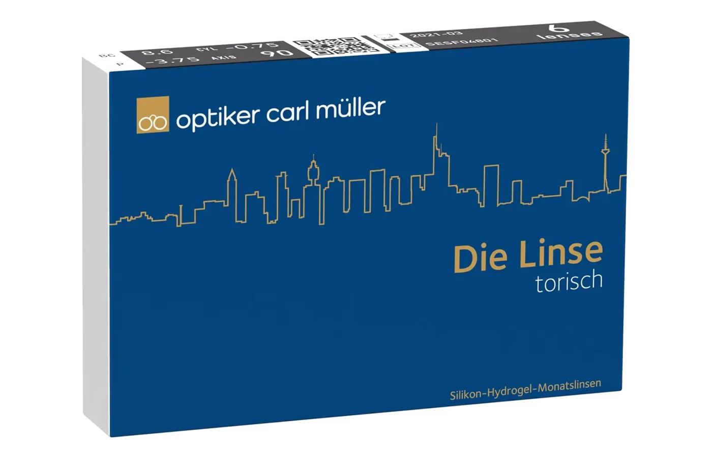 Verpackung der Monatslinse „Die Linse torisch“ von Optiker Carl Müller