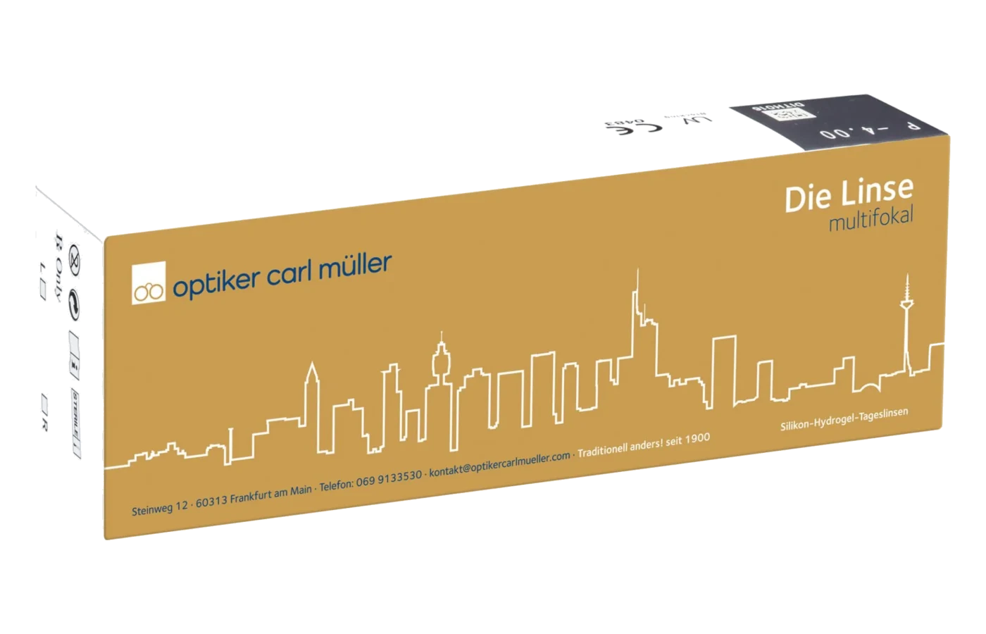 Verpackung der Tageslinse „Die Linse multifokal“ von Optiker Carl Müller